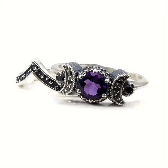 Gothic Universe Moon Star Purple Amethyst Ring Set - Picture 4 of 6